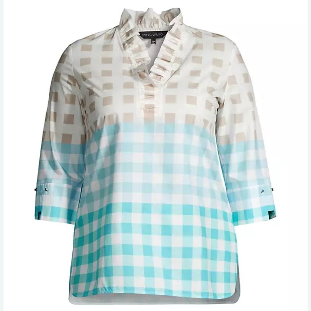 NWT $195‎ Ming Wang Cotton Poplin Color Block Windowpane Plaid Top Shirt